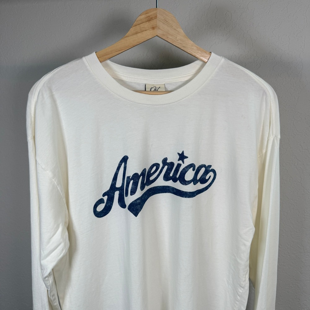 Oat Collective Womens America Graphic Long Sleeve Tee Cream Navy Blue Size M - Picture 3 of 9